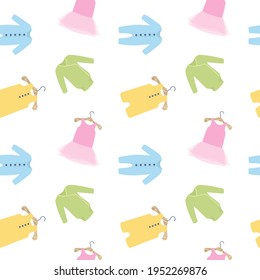 Seamless pattern with Baby cloth items. Dress, body suit. Background for Baby Shower. Cartoon Vector illustration isolated on white background
