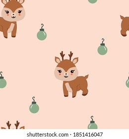 Seamless pattern for baby cloth textile, postcard with adorable baby deer head and Christmas ball on a muted pink background.
