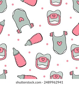 Seamless pattern with baby clothes, Baby body maternity concept. Vector Illustration