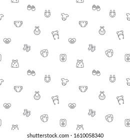 Seamless pattern with baby clothes icon on white background. Included the icons as bib, diaper, nappy, hat, socks and other elements.