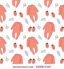 Seamless pattern of baby clothes and shoes. Cute background in cartoon style, print, vector