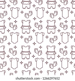 Seamless pattern with baby clothes. Vector illustration with slip, socks, bodysuit. Newborn baby background.