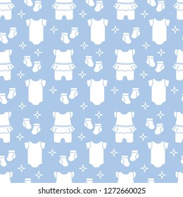 Seamless pattern with baby clothes. Vector illustration with slip, socks, bodysuit. Newborn baby background.