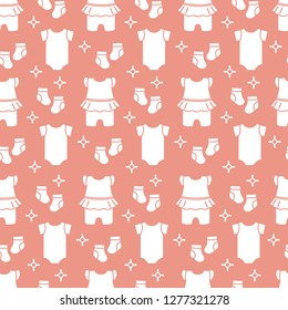 Seamless pattern with baby clothes. Vector illustration with slip, socks, bodysuit. Newborn baby background.