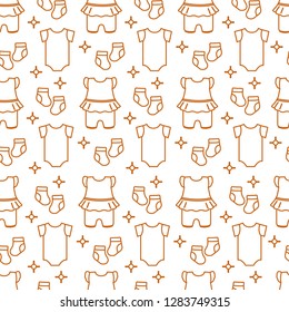 Seamless pattern with baby clothes. Vector illustration with slip, socks, bodysuit. Newborn baby background.
