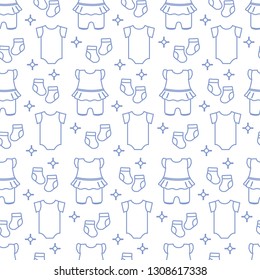 Seamless pattern with baby clothes. Vector illustration with slip, socks, bodysuit. Newborn baby background.