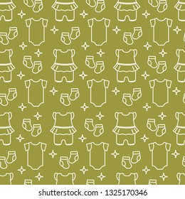 Seamless pattern with baby clothes. Vector illustration with slip, socks, bodysuit. Newborn baby background.