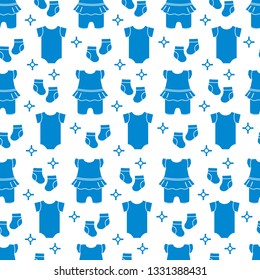 Seamless pattern with baby clothes. Vector illustration with slip, socks, bodysuit. Newborn baby background.