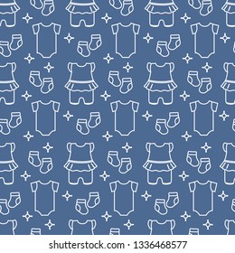 Seamless pattern with baby clothes. Vector illustration with slip, socks, bodysuit. Newborn baby background.