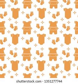 Seamless pattern with baby clothes. Vector illustration with slip, socks, bodysuit. Newborn baby background.