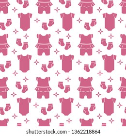 Seamless pattern with baby clothes. Vector illustration with slip, socks, bodysuit. Newborn baby background.
