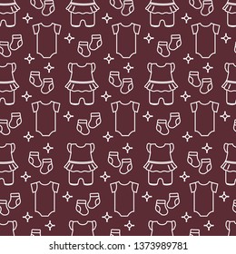 Seamless pattern with baby clothes. Vector illustration with slip, socks, bodysuit. Newborn baby background.