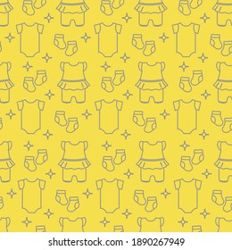 Seamless pattern with baby clothes. Vector illustration with slip, socks, bodysuit. Newborn baby background. Illuminating and Ultimate Gray.