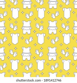 Seamless pattern with baby clothes. Vector illustration with slip, socks, bodysuit. Newborn baby background. Illuminating and Ultimate Gray.