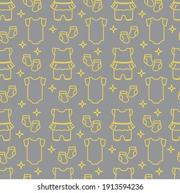 Seamless pattern with baby clothes. Vector illustration with slip, socks, bodysuit. Newborn baby background. Illuminating and Ultimate Gray.