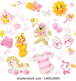 Seamless pattern of baby clothing, toy and stuff it's a girl