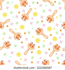 Seamless Pattern With Baby Cow Rattle. Children's Pattern On Textiles. Gentle Children's  White Background