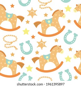 Seamless pattern baby cowboy with western decorative elements. Wild West birthday cowboy rocking horses and horseshoes. Vector baby style tender colors background