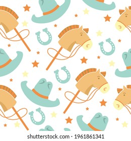 Seamless Pattern Baby Cowboy With Western Decorative Elements. Wild West Birthday Cowboy Hat And Horse Toy For Background. Vector Baby Style Tender Colors