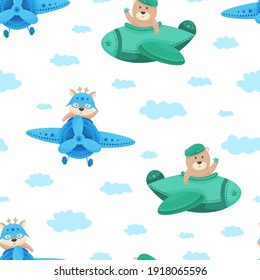 Seamless pattern baby cute animals, bear and deer on the plane. February 23. Defender of the Fatherland Day. Young soldier. Designed for print, fabric, textile, postcards. Russian text