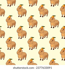 Seamless pattern of baby cute capybaras with juicy oranges with green leaves on their heads, on a beige background