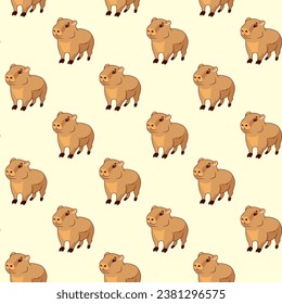 Seamless pattern of baby cute capybaras on a beige background