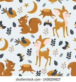 seamless pattern with baby deer bird squirrel - vector illustration, eps