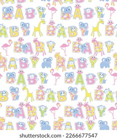 Seamless Pattern of Baby with different Cute Animals Character- Baby Shower Vector Illustration