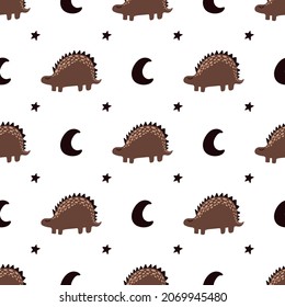nahtloses Muster mit Baby-Dinosauriern. Nahtloses Muster mit süßen Dinosauriern. Vektorgrafik für Stoff, Textilien, Tapete für Baumschulen. Skandinavische Illustration im handgezeichneten Doodstyle