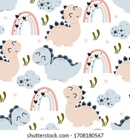 seamless pattern with baby dinosaur and rainbow - vector illustration, eps