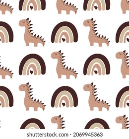 patrón impecable con dinosaurio bebé y arco iris. Patrón sin foco con lindos dinosaurios y arcos. Vector para tela, textil, papel tapiz de vivero. Ilustración escandinava en estilo doodle dibujado a mano
