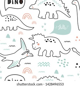 Seamless pattern with baby dinosaur. Vector illustration, design of wild animals, reptiles, for printing on fabric, clothing, packaging paper, bedding, printing, postcards. Cute baby background.    