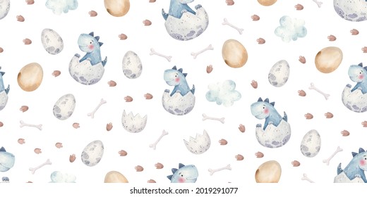 seamless pattern with baby dinosaurs, eggs, footprints, cute childish illustration