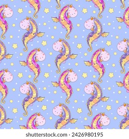 Seamless pattern with baby dragons and stars on a blue background. For children's design of wallpaper, backgrounds, prints, fabric, wrapping paper, etc. Vector