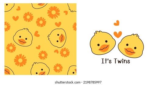 Seamless pattern with baby duck cartoons, flower and hearts on yellow background. Duckling cartoons isolated on white background vector illustration.