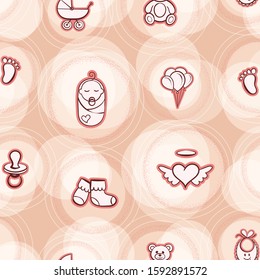 Seamless pattern with baby elements in circles, customizable layers. Newborn stuff, outline beige design. Nice for scrapbooking, stickers, textile, birthday, baby or bridal shower card, wrapping paper