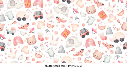 Seamless Pattern With Baby Elements, Clothes Toys, Animals, Watercolor Illustration On A White Background