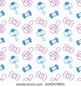 Padrão contínuo com elementos baby. Rattle e Bote. Cor rosa e azul. Fundo branco