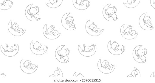 Seamless pattern with baby elephant, bunny and bear sleep on moon, vector line illustrations. Safari and woodland animals, outline drawing