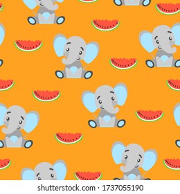 Seamless pattern with baby elephant and red watermelon. Gray and light blue. Orange background. Flat cartoon style. Funny and cute. African animal. For postcards, wallpaper, textile and wrapping paper