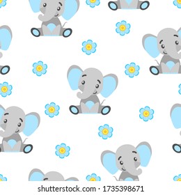 Seamless pattern with baby elephants and flowers. Gray and light blue. White background. Flat cartoon style. Funny and cute. African animal. For postcards, wallpaper, textile and wrapping paper