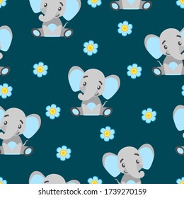 Seamless pattern with baby elephants and flowers. Gray and light blue. Dark background. Flat cartoon style. Funny and cute. African animal. For postcards, wallpaper, textile and wrapping paper