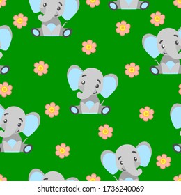 Seamless pattern with baby elephants and pink flowers. Gray and light blue. Green background. Cartoon style. Funny and cute. African animal. For postcards, wallpaper, textile and wrapping paper