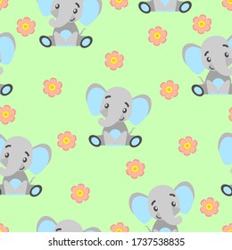 Seamless pattern with baby elephants and pink flowers. Gray and light blue. Green background. Cartoon style. Funny and cute. African animal. For postcards, wallpaper, textile and wrapping paper