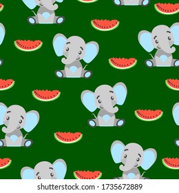 Seamless pattern with baby elephants and red watermelon. Gray and light blue. Green background. Flat cartoon style. Funny and cute. African animal. For postcards, wallpaper, textile and wrapping paper