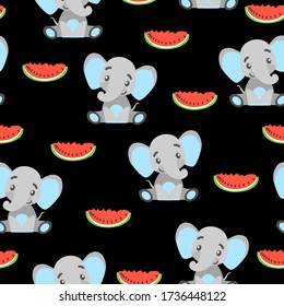 Seamless pattern with baby elephants and red watermelon. Gray and light blue. Black background. Flat cartoon style. Funny and cute. African animal. For postcards, wallpaper, textile and wrapping paper