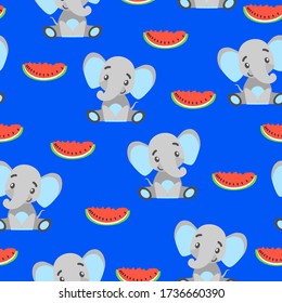 Seamless pattern with baby elephants and red watermelon. Gray and light blue. Blue background. Flat cartoon style. Funny and cute. African animal. For postcards, wallpaper, textile and wrapping paper