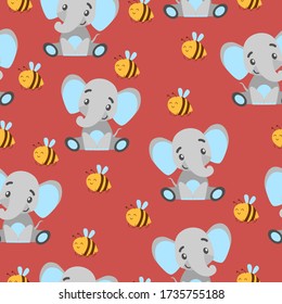 Patrón sin foco con elefantes y abejas amarillas. Gris y azul claro. Fondo rojo. Estilo de caricatura plano. Divertido y lindo. Animal africano. Para postales, papel de pared, papel textil y papel de envoltura
