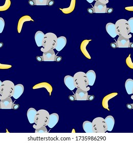 Seamless pattern with baby elephants and yellow bananas. Gray and light blue. Blue background. Flat cartoon style. Funny and cute. African animal. For postcards, wallpaper, textile and wrapping paper
