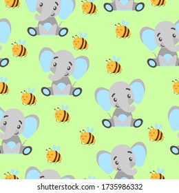 Patrón sin foco con elefantes y abejas amarillas. Gris y azul claro. Fondo verde. Estilo de caricatura plano. Divertido y lindo. Animal africano. Para postales, papel de pared, papel textil y papel de envoltura
